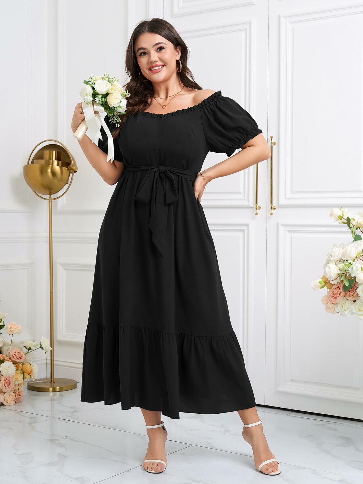 SCOMCHIC Plus Size Off Shoulder Puff Sleeve Maxi Dress Belt Black Size 3X