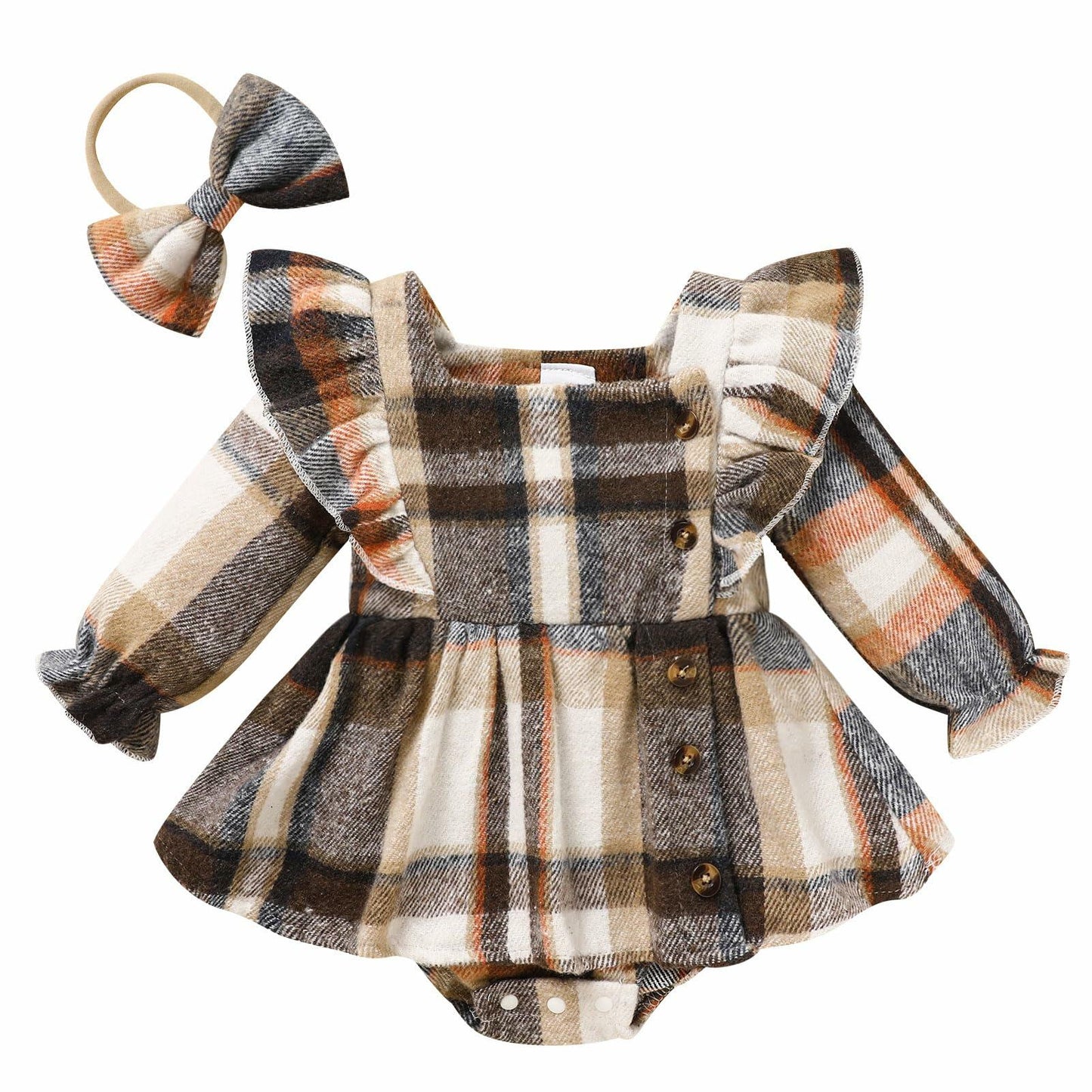 TITKKOP Baby Girl Plaid Romper Dress Bow Headband Khaki Size 6-12M