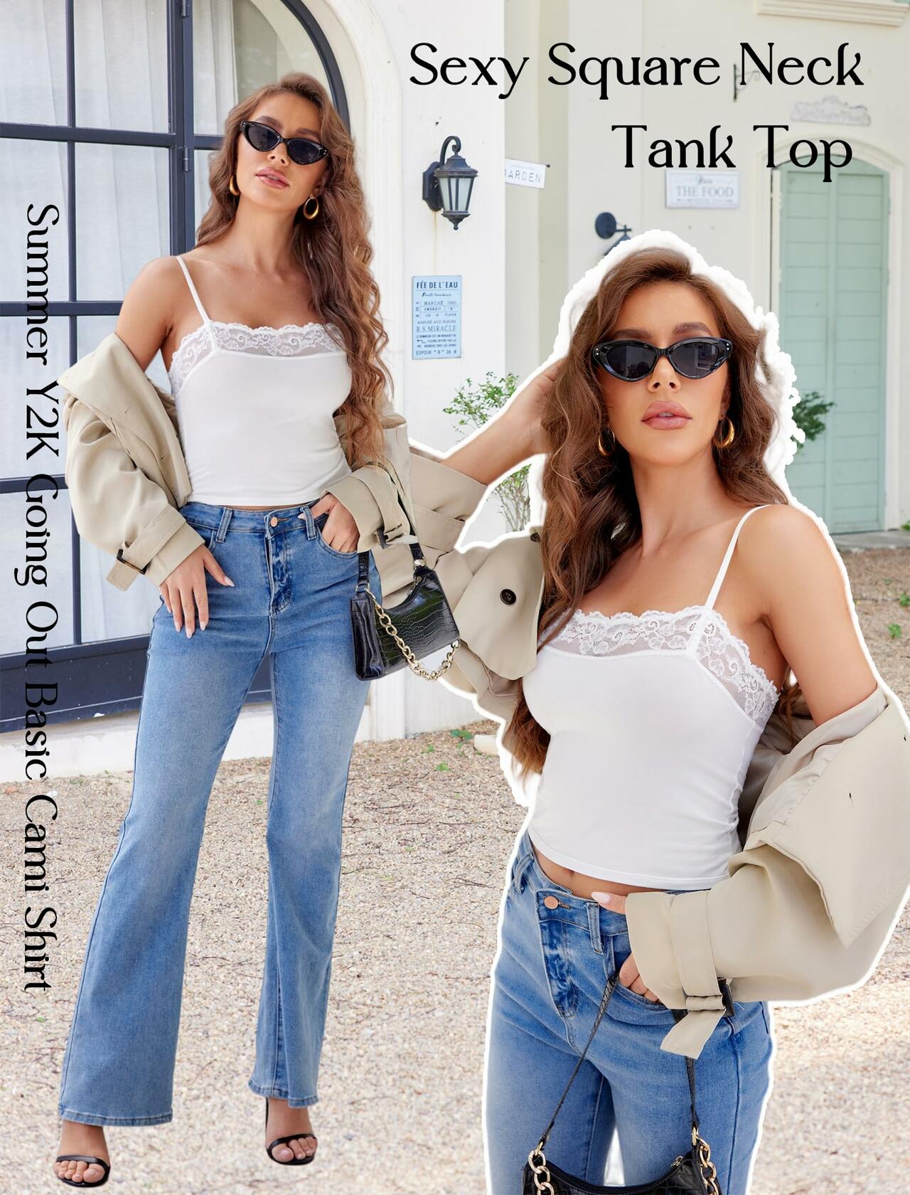 Avidlove Women Sexy Square Neck Lace Trim Tank Top Camisole White Size L