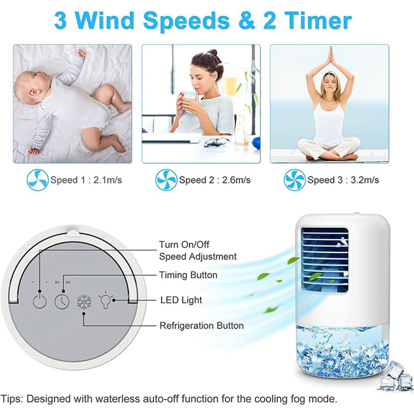 YUYTE Portable Air Conditioner Cooler Humidifier 3 Speeds 7 Colors 500ML White