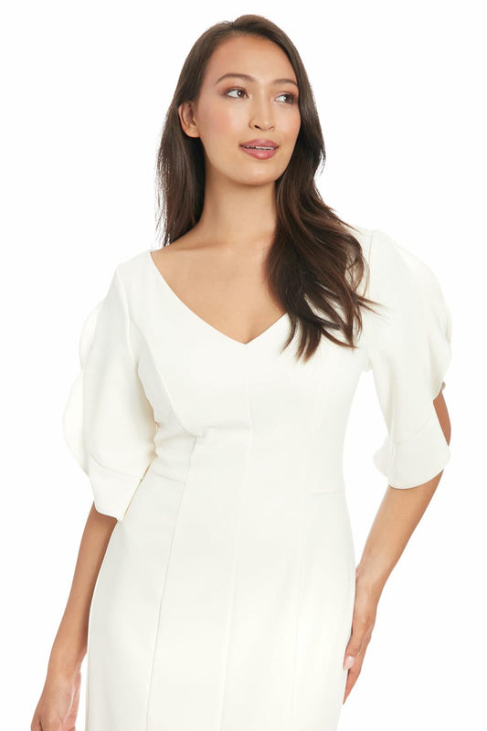 London Times Women's V-Neck Midi Sheath Dress Ruffle Sleeves Front Slit Size 12