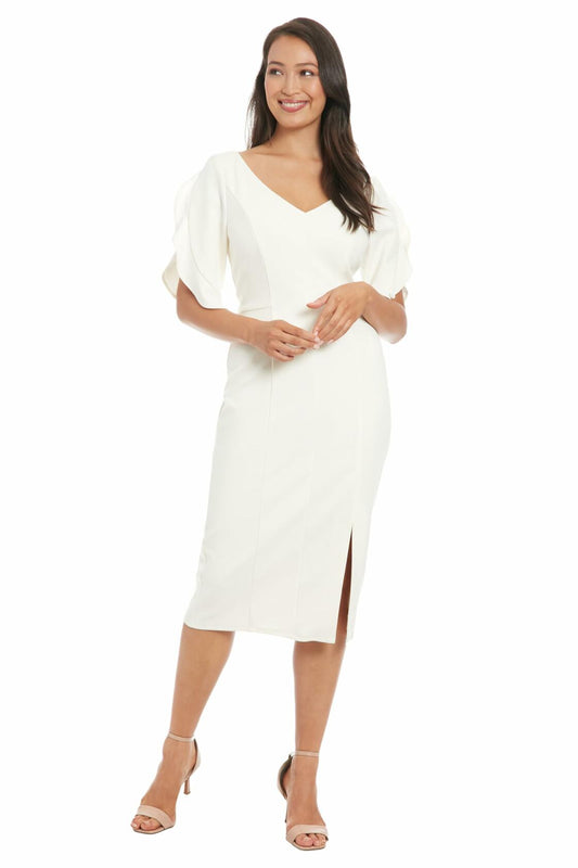 London Times Women's V-Neck Midi Sheath Dress Ruffle Sleeves Front Slit Size 12