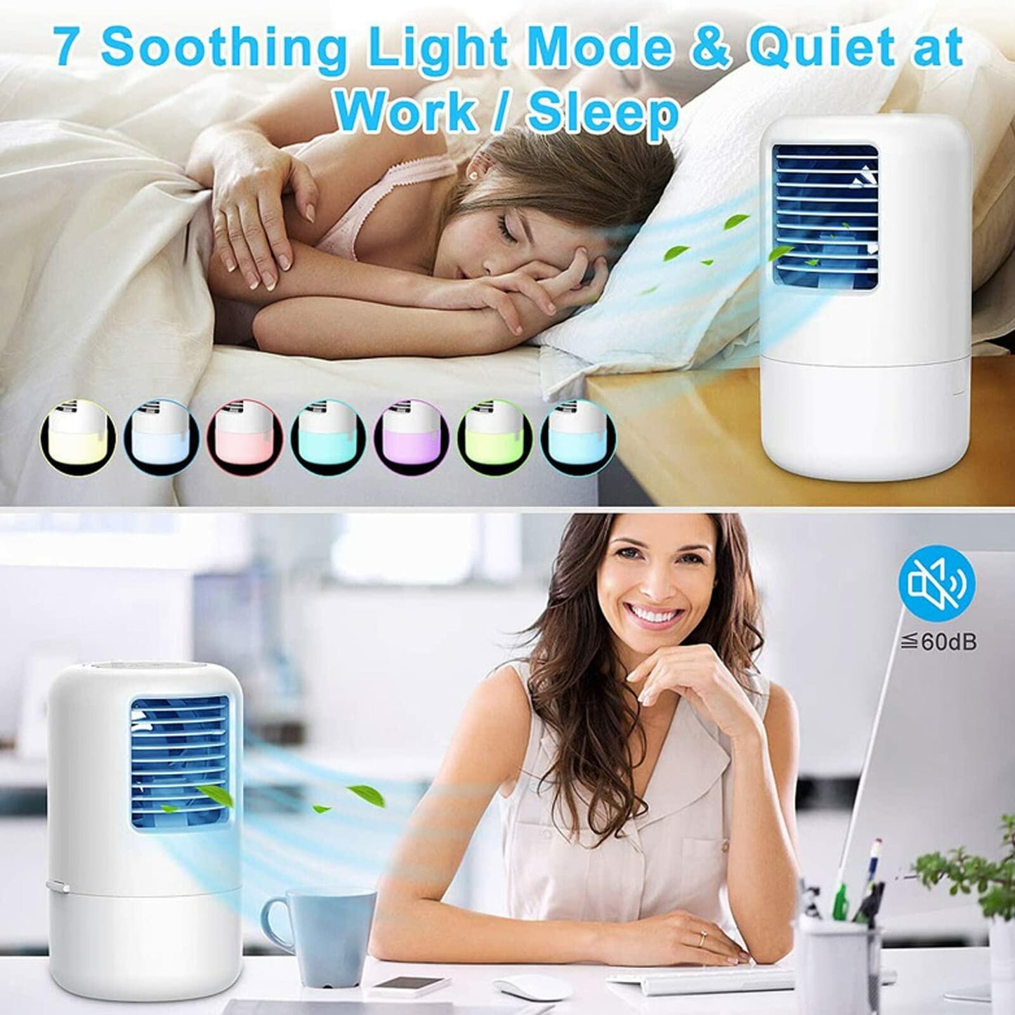 YUYTE Portable Air Conditioner Cooler Humidifier 3 Speeds 7 Colors 500ML White