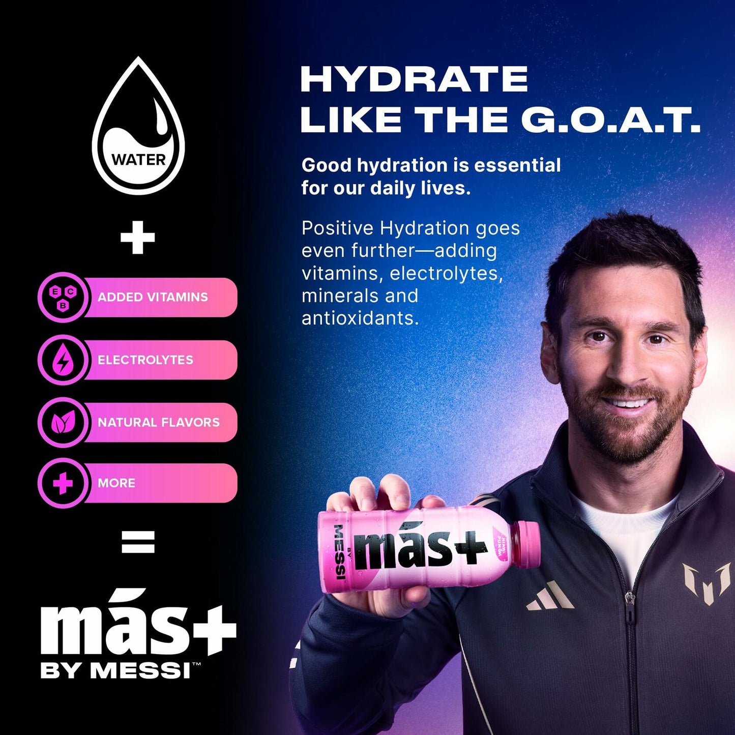 Más+ by Messi Sports Drink Miami Punch 16.9oz 12-Pack Vitamins Electrolytes