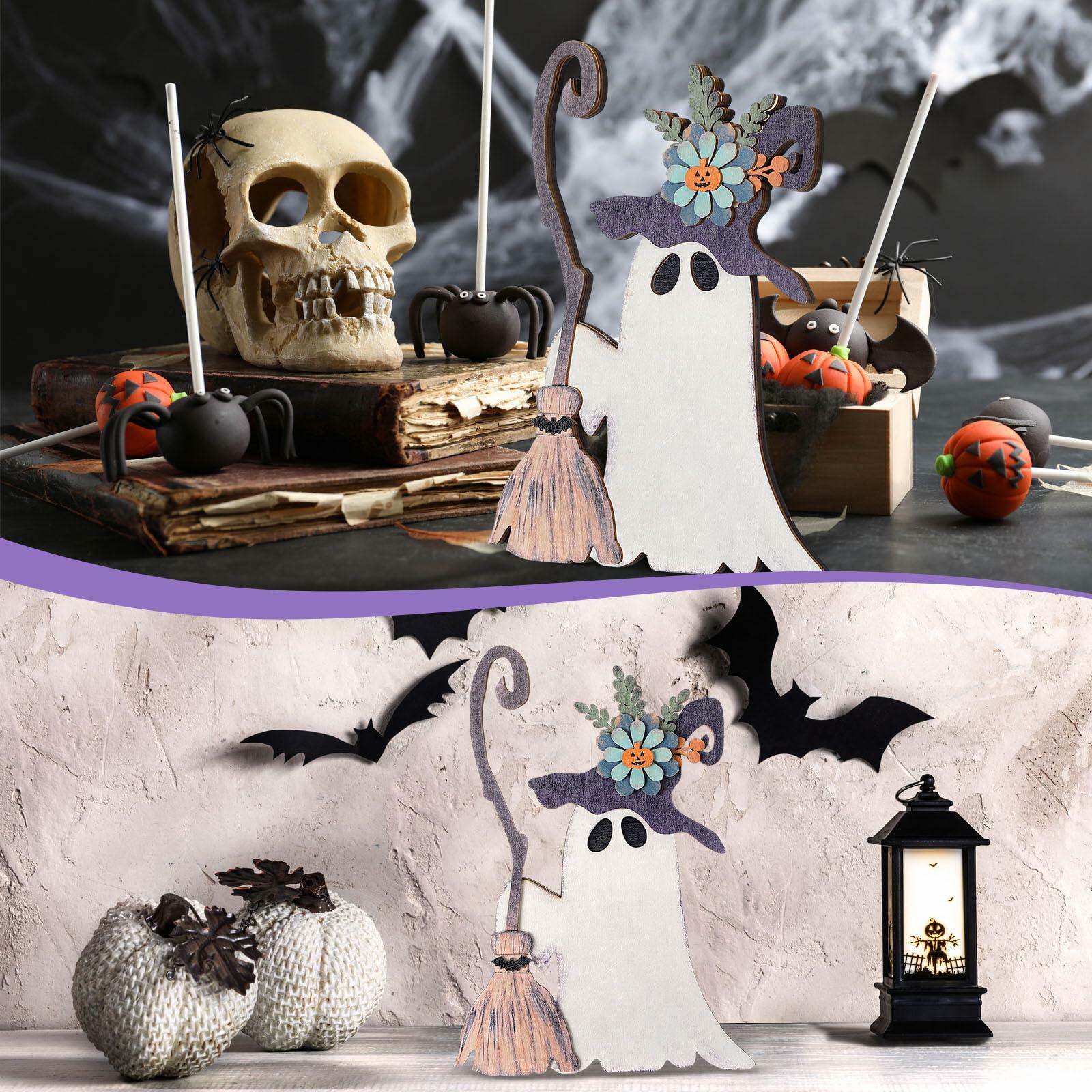 Yousoontic Wooden Halloween Ghost Witch Tabletop Decor 11x7.9in Black White