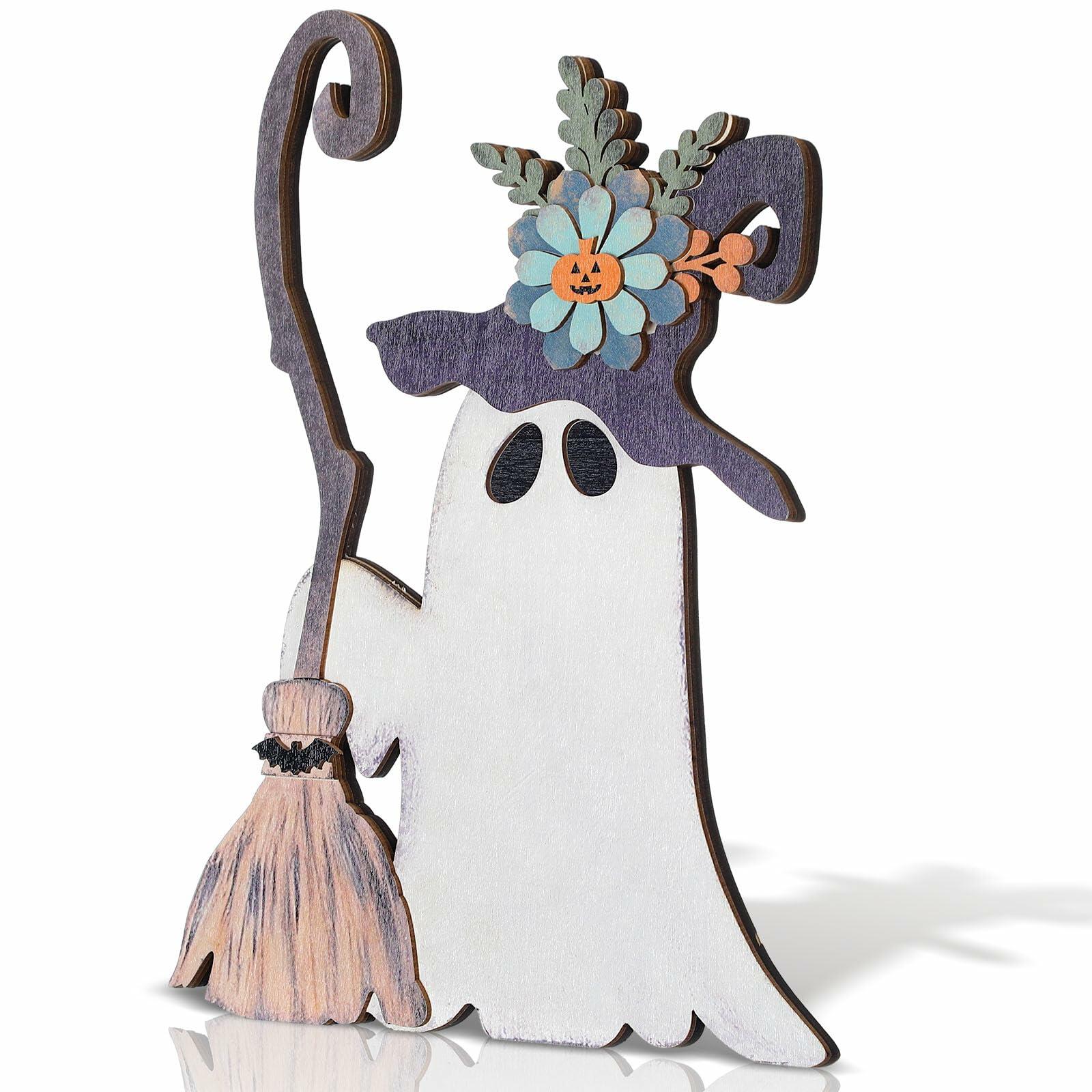 Yousoontic Wooden Halloween Ghost Witch Tabletop Decor 11x7.9in Black White