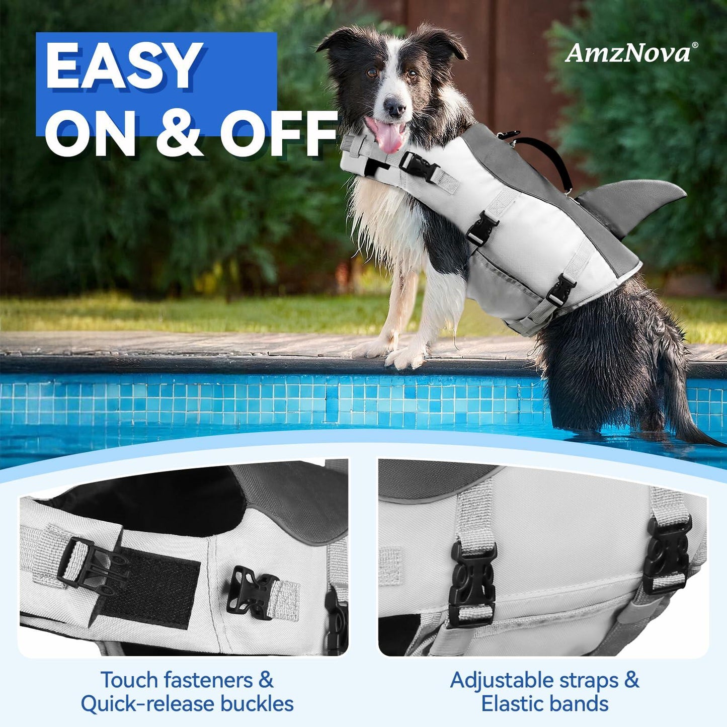 AMZNOVA Shark Dog Life Jacket Swimming Vest with Handle Grey Size XL