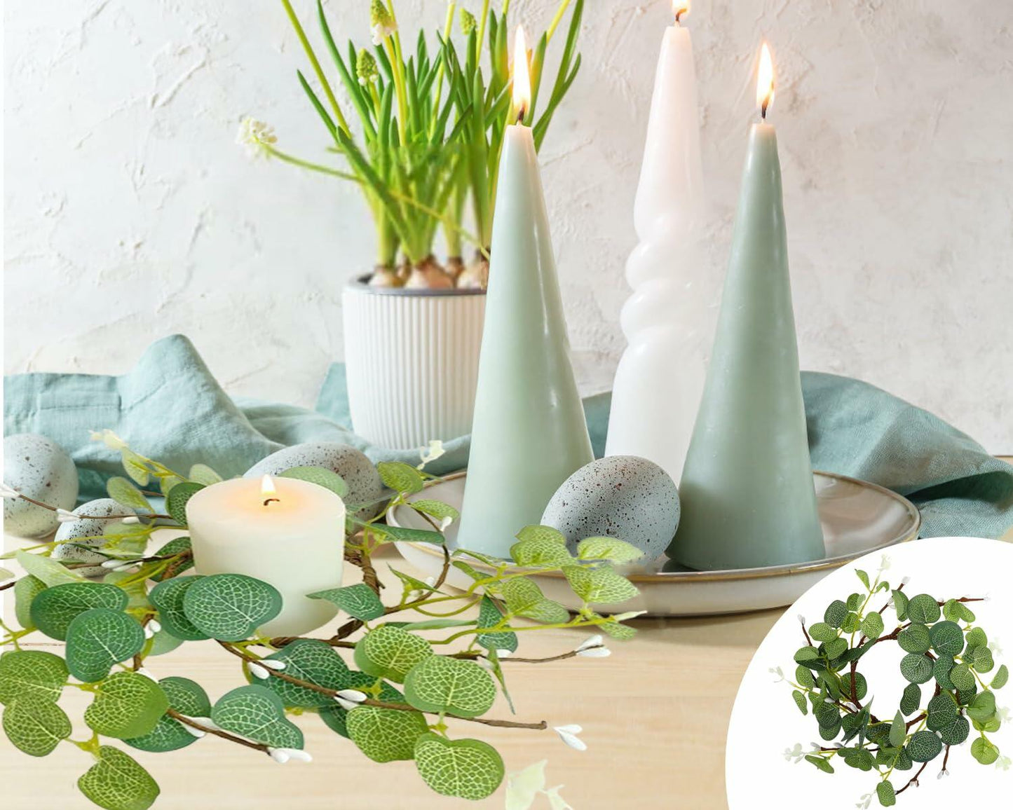 CARMELIT Easter Candle Ring Wreaths 15x15cm Artificial Eucalyptus Green 2 Pcs