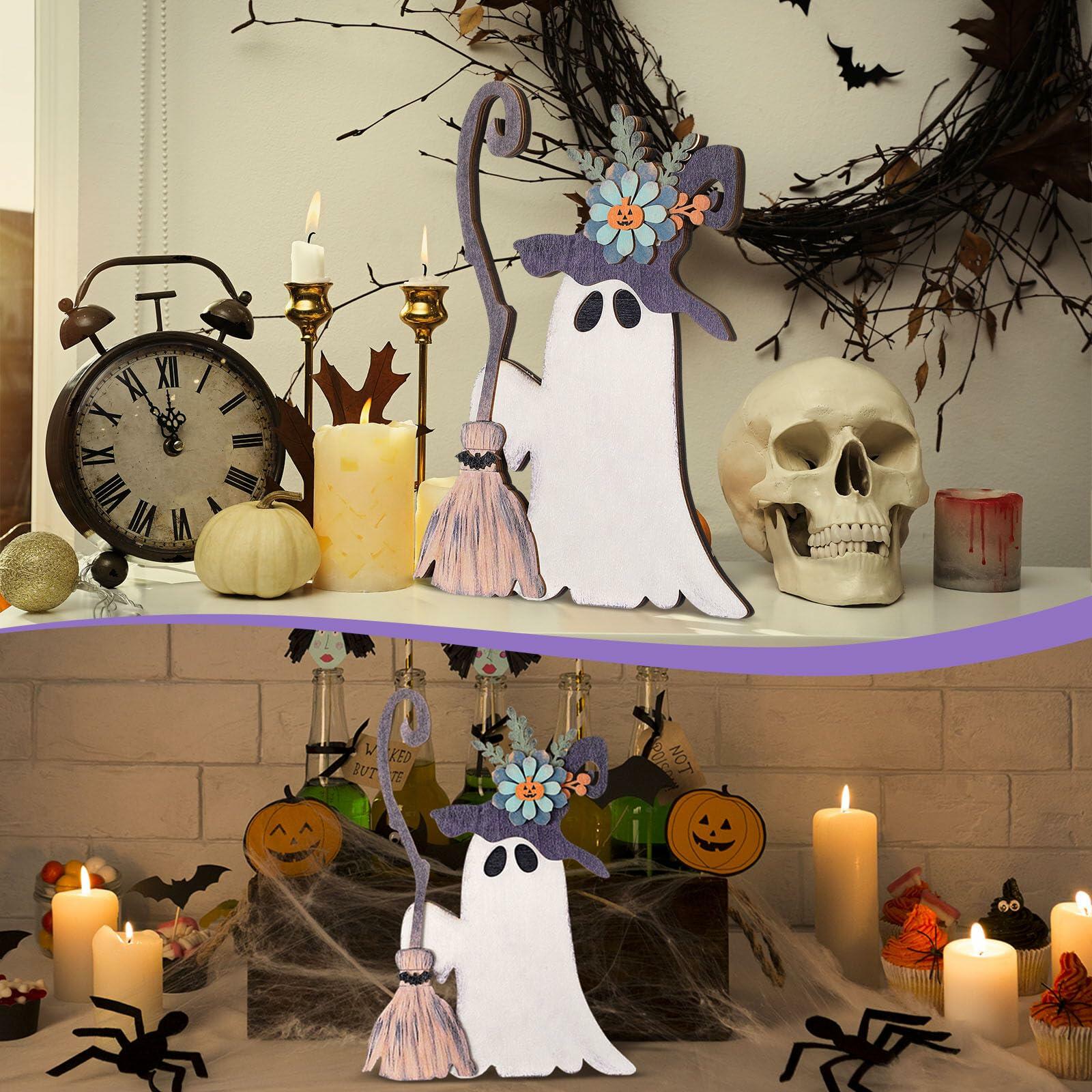 Yousoontic Wooden Halloween Ghost Witch Tabletop Decor 11x7.9in Black White
