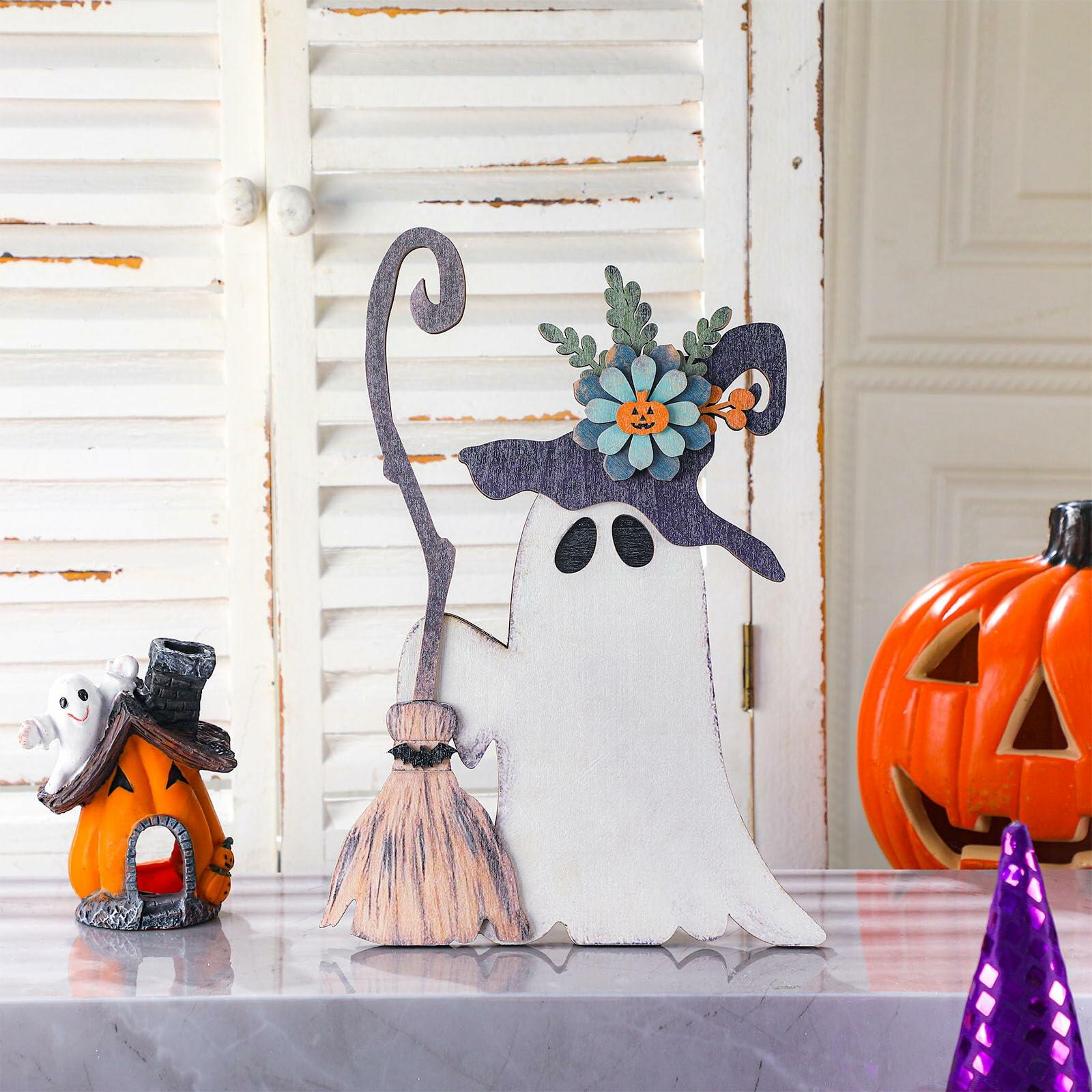 Yousoontic Wooden Halloween Ghost Witch Tabletop Decor 11x7.9in Black White
