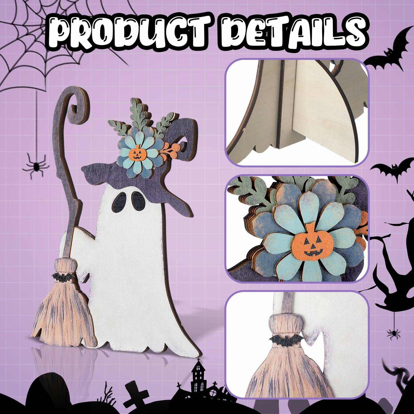 Yousoontic Wooden Halloween Ghost Witch Tabletop Decor 11x7.9in Black White