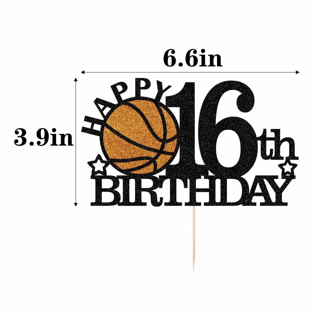 Klionjor Basketball 16th Birthday Cake Topper Black Glitter 16 Count Cardboard