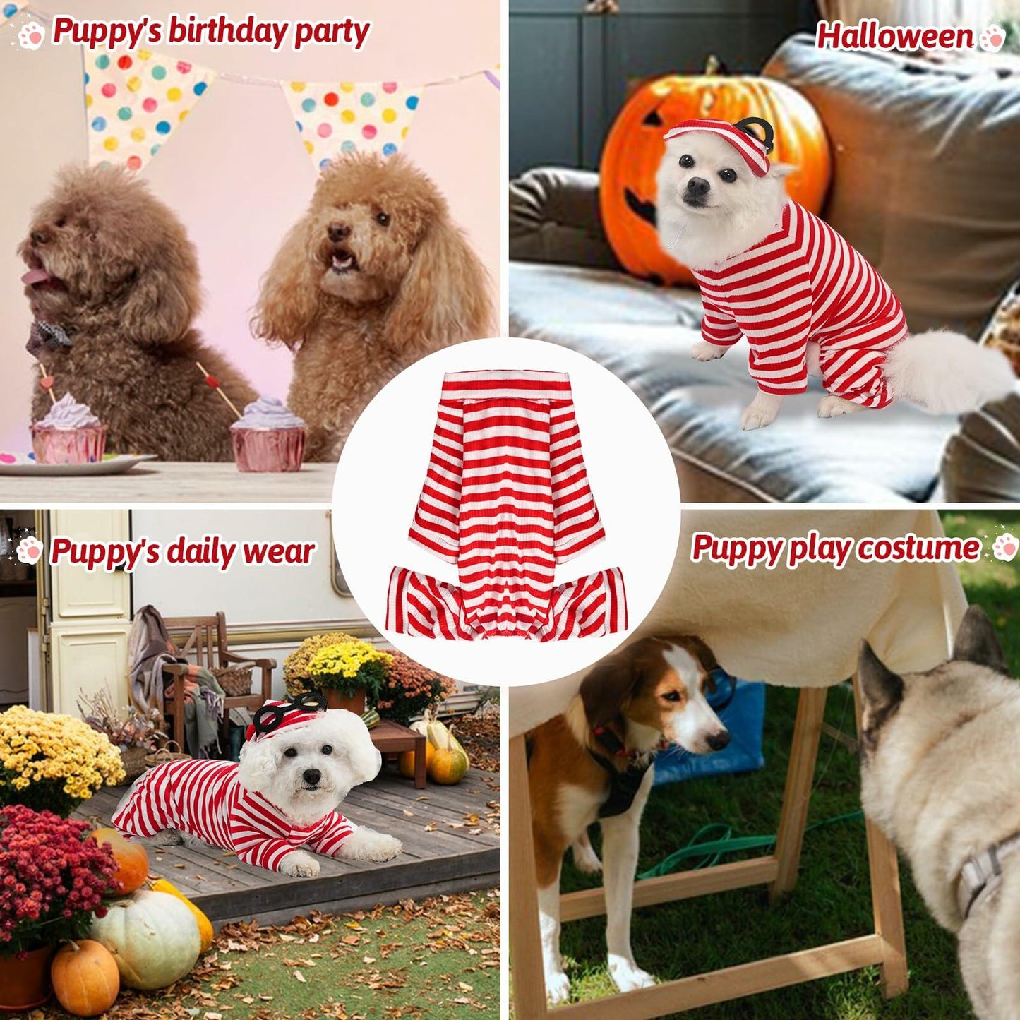 QPAXUCR 2PCS Dog Shirt & Hat Set Red White Striped Halloween Costume Size L