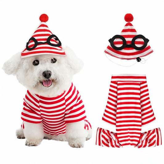 QPAXUCR 2PCS Dog Shirt & Hat Set Red White Striped Halloween Costume Size L