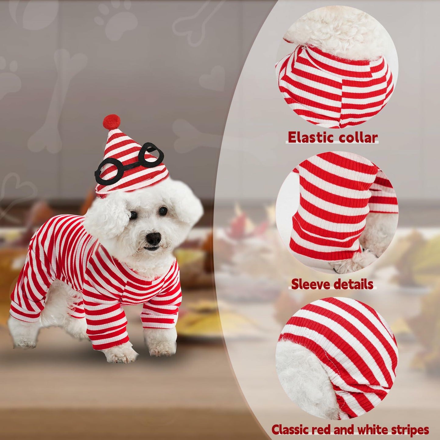 QPAXUCR 2PCS Dog Shirt & Hat Set Red White Striped Halloween Costume Size L
