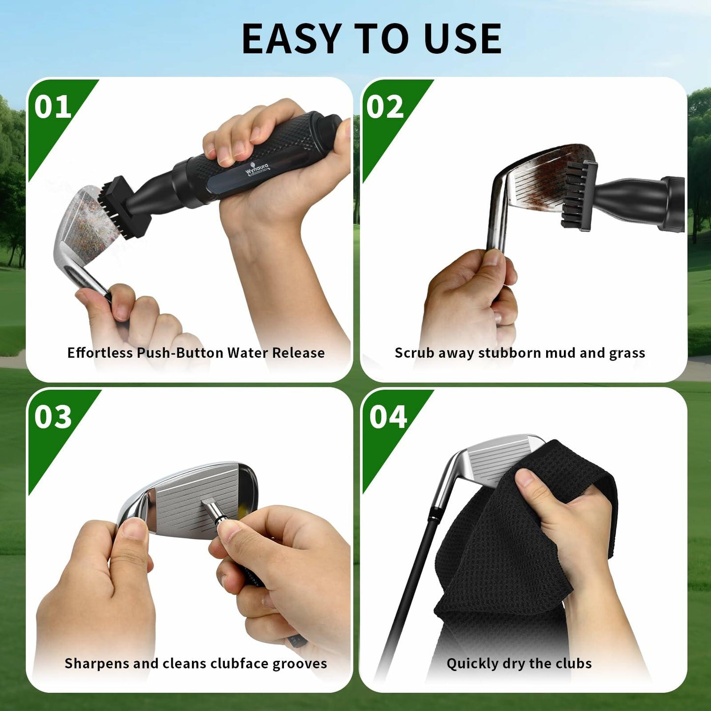 Wynaura Pro Golf Club Cleaner Brush Set with Groove Sharpener & Towel Black