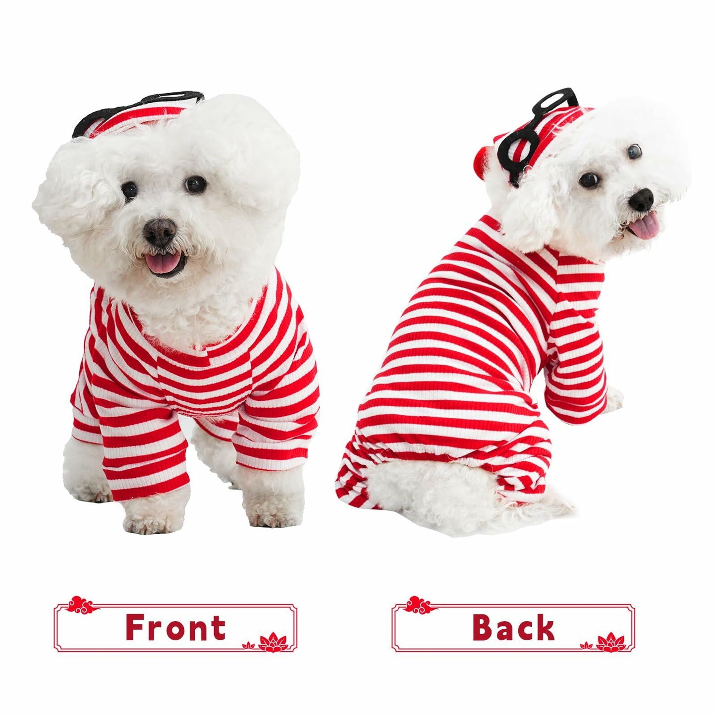 QPAXUCR 2PCS Dog Shirt & Hat Set Red White Striped Halloween Costume Size L