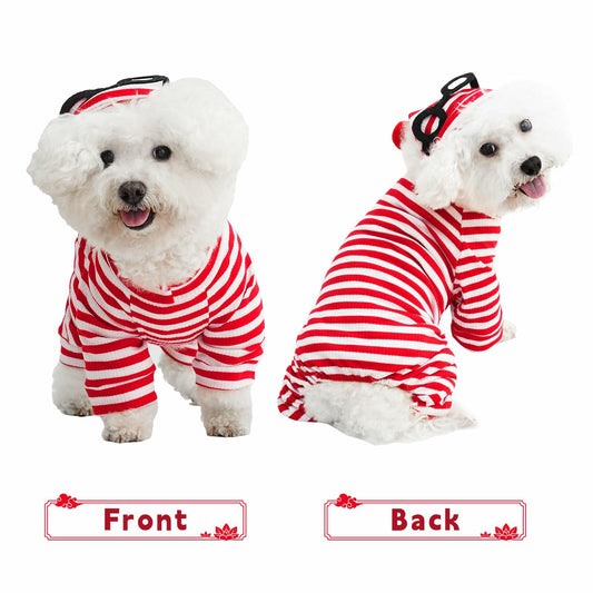 QPAXUCR 2PCS Dog Shirt & Hat Set Red White Striped Halloween Costume Size L