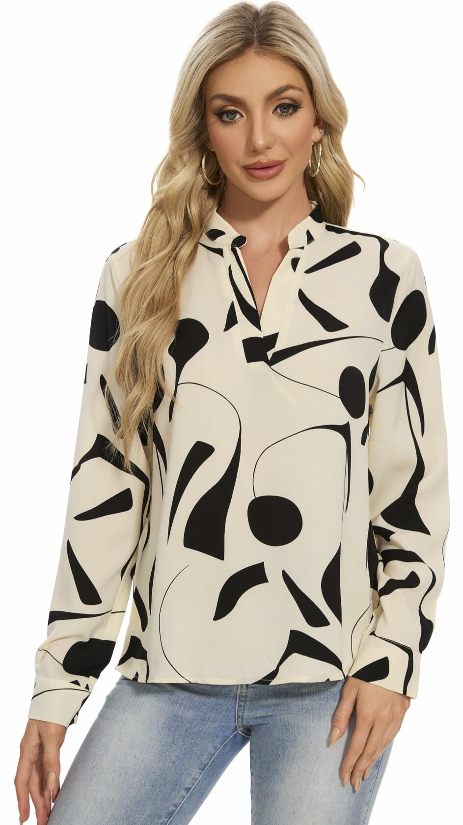 VIPONES Women V Neck Puff Sleeve Floral Blouse Lightweight 530-White Size M