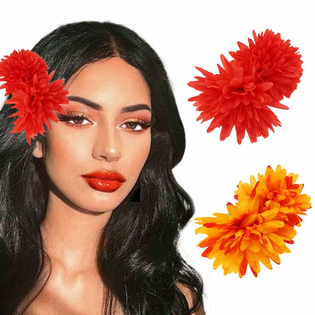 Haomye Dahlia Flower Hairpins Red Orange 2PCS Hawaiian Wedding Style