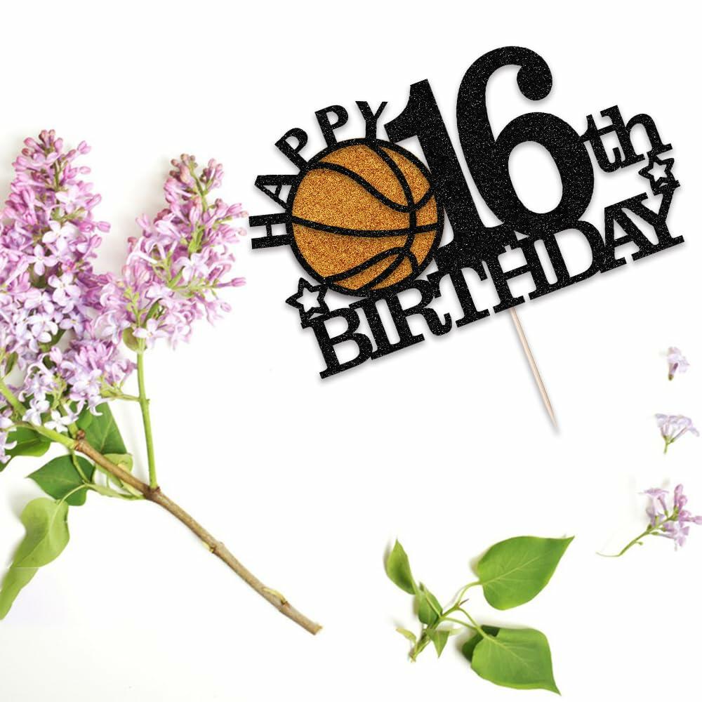 Klionjor Basketball 16th Birthday Cake Topper Black Glitter 16 Count Cardboard