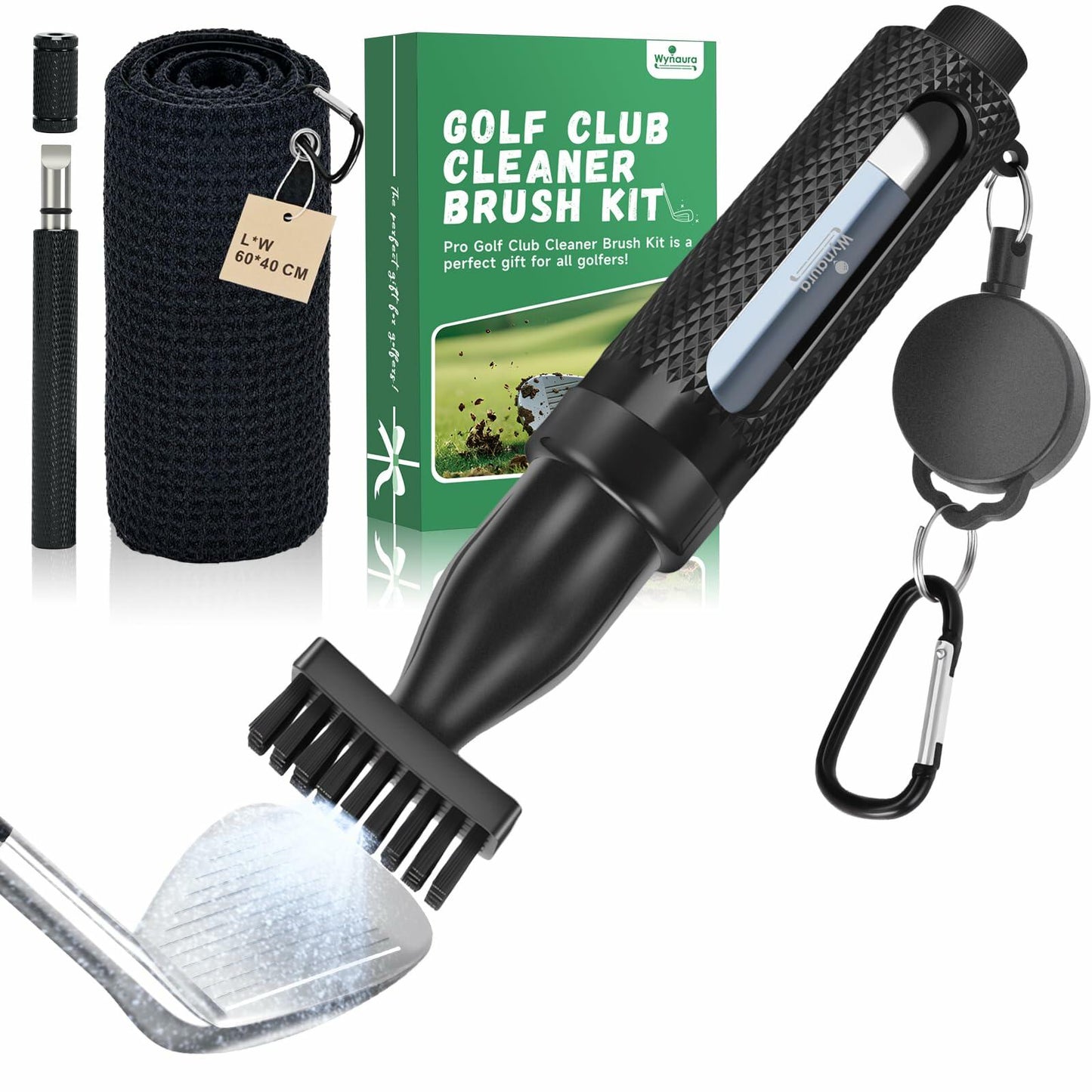 Wynaura Pro Golf Club Cleaner Brush Set with Groove Sharpener & Towel Black