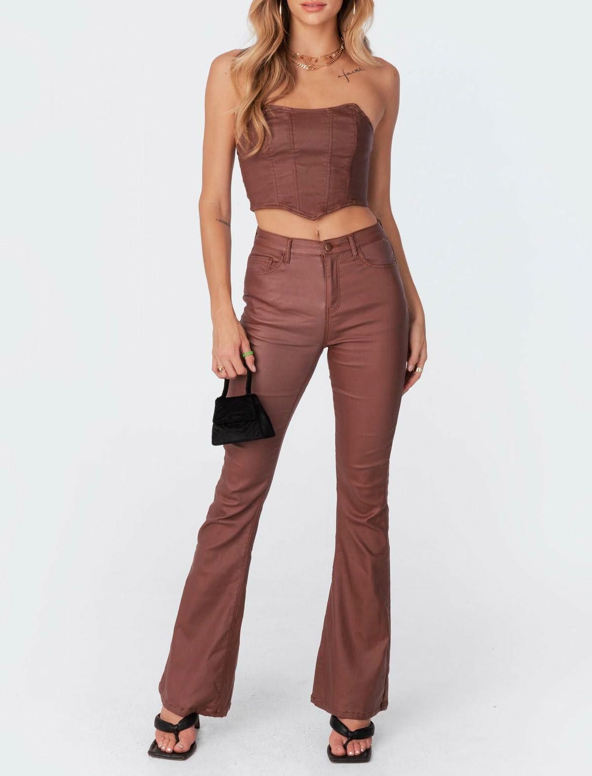 Kodaruber Women Faux Leather High Waisted Flare Pants Light Brown Size M