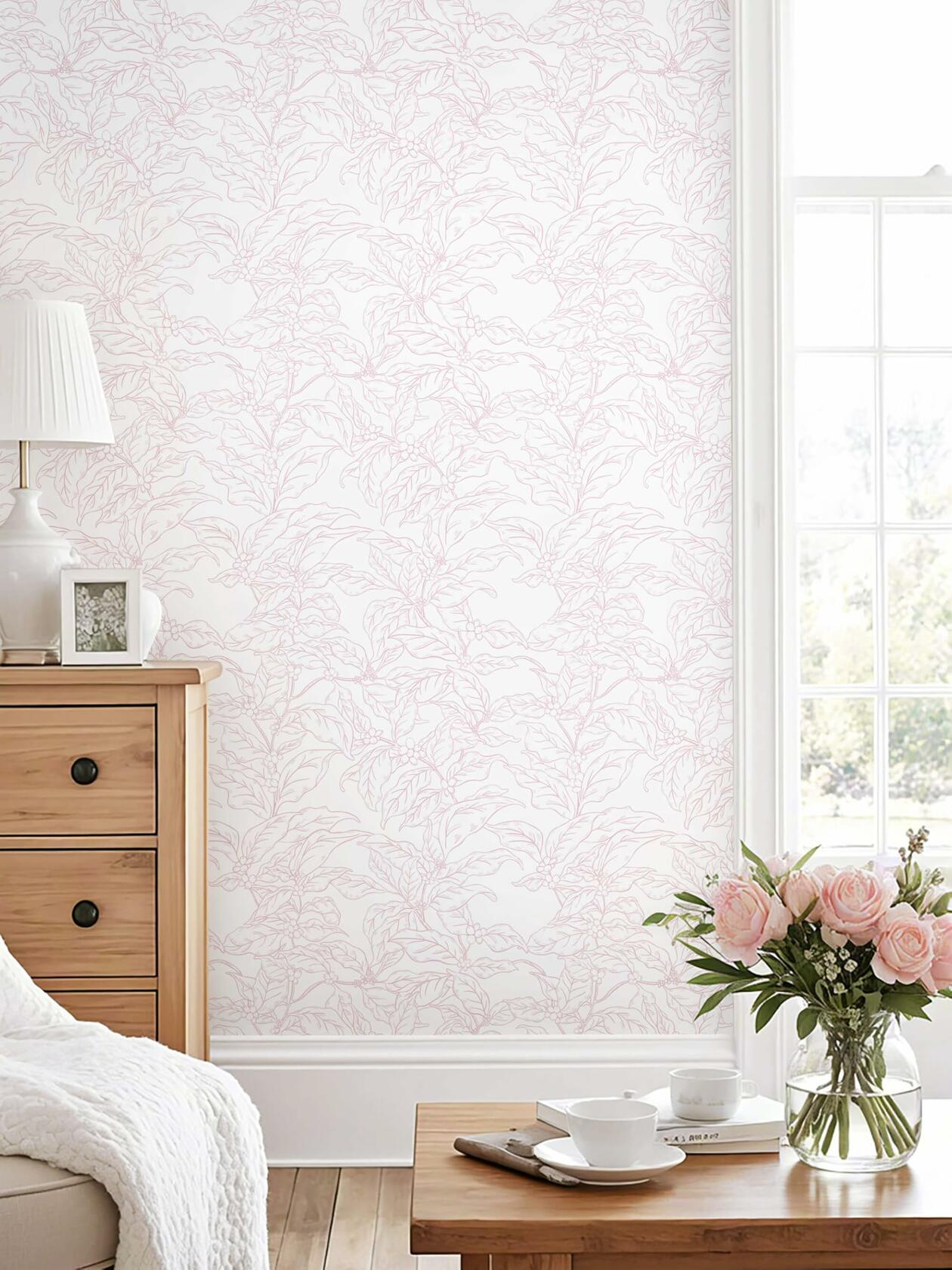 Heroad Boho Floral Peel & Stick Wallpaper Pink White 17.3x78.7in Vinyl