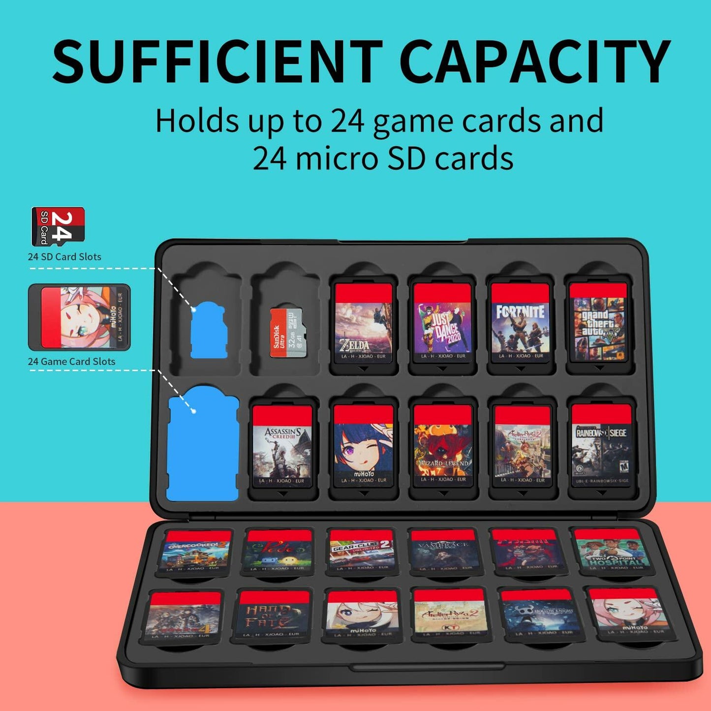 Switch Game Case Holder 24 Cartridge Slots 24 Micro SD Storage Slim Portable