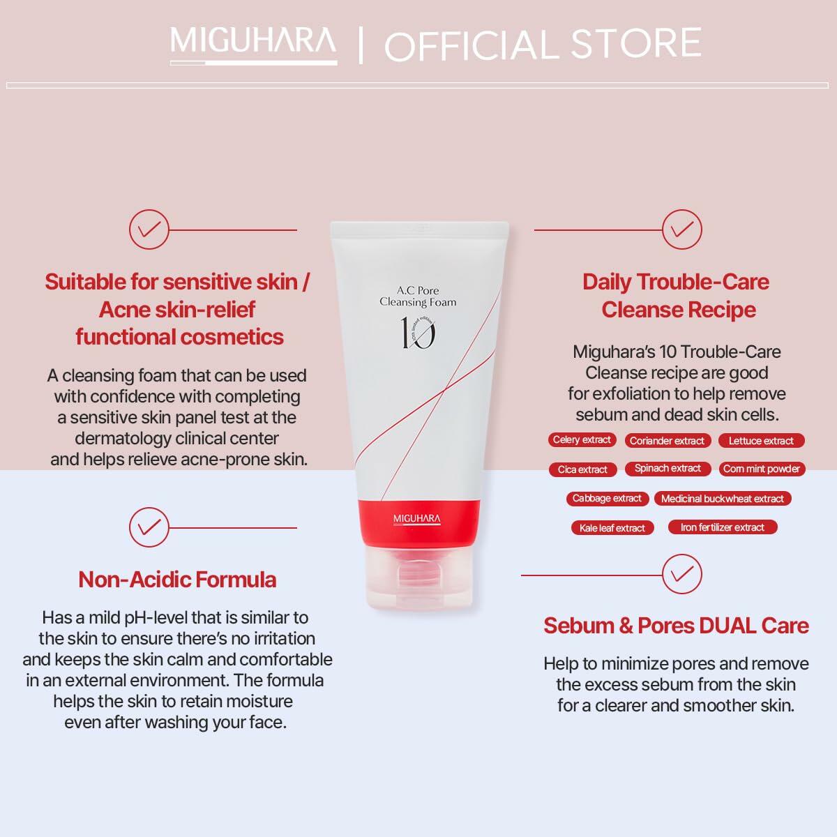 MIGUHARA A.C Pore Cleansing Foam Korean Skincare Face Wash 120ml 4.05oz