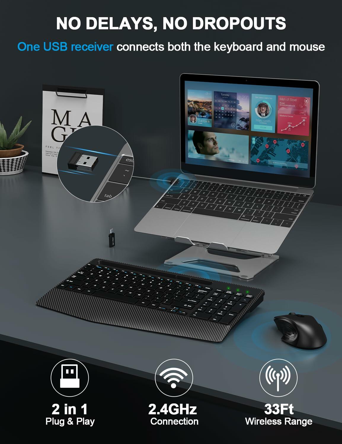 Wireless Keyboard Mouse Combo Ergonomic Wrist Rest Phone Holder White