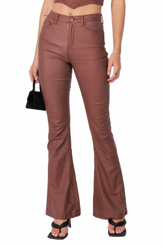 Kodaruber Women Faux Leather High Waisted Flare Pants Light Brown Size M