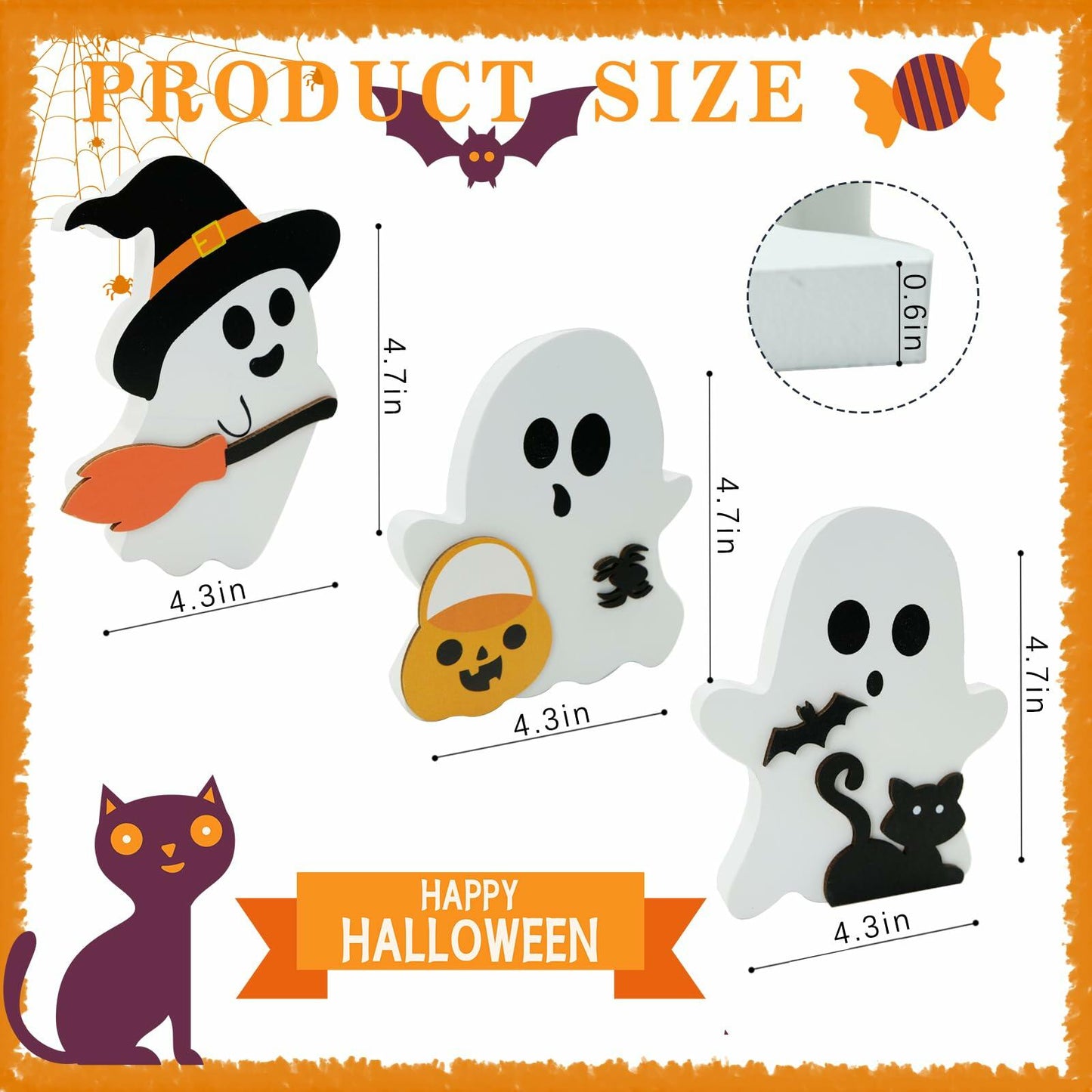 MYUPDALIN Halloween Indoor Decor 3PCS Wooden Ghost Cat Bat Witch Black