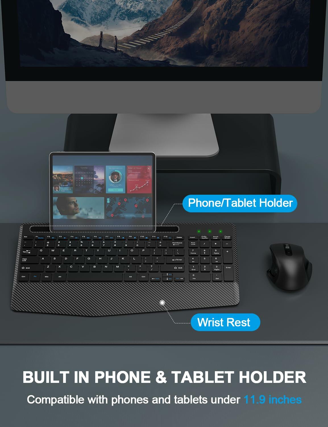 Wireless Keyboard Mouse Combo Ergonomic Wrist Rest Phone Holder White