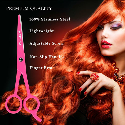 MERTENO Professional Hair Scissors 6.5 Inch Pink Rubber Handle Shears