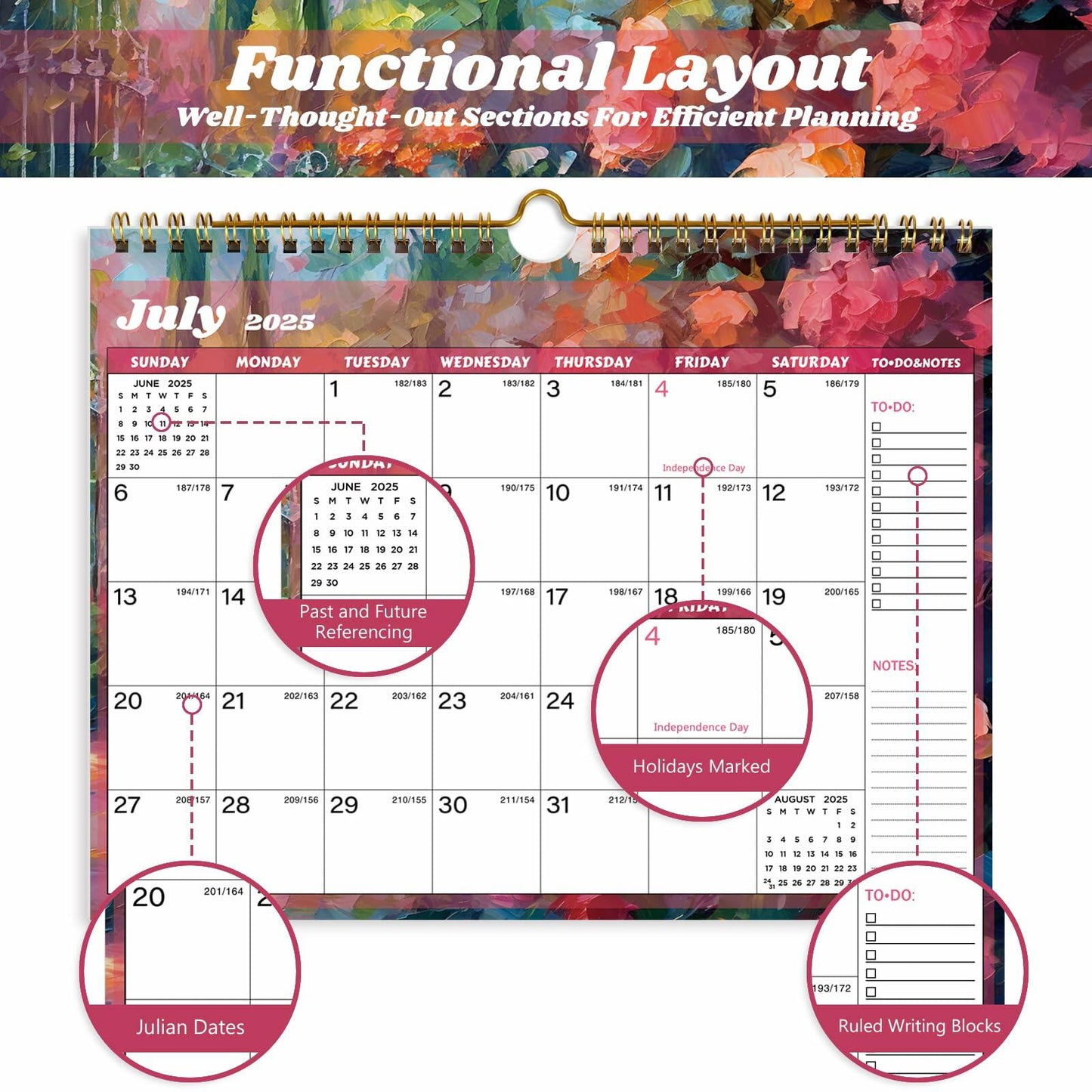 XISIDO 18-Month Wall Calendar 2025-2026 11x8.5 Flower Julian Dates