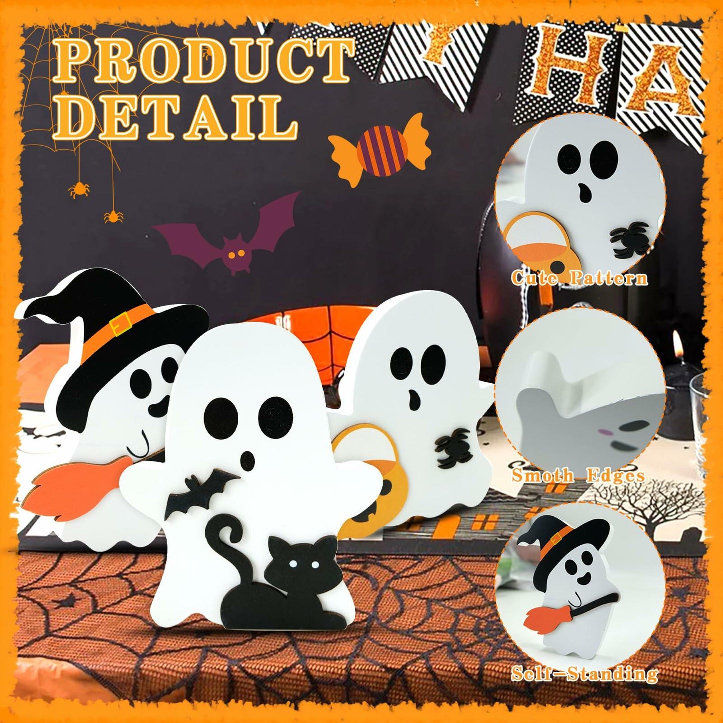 MYUPDALIN Halloween Indoor Decor 3PCS Wooden Ghost Cat Bat Witch Black