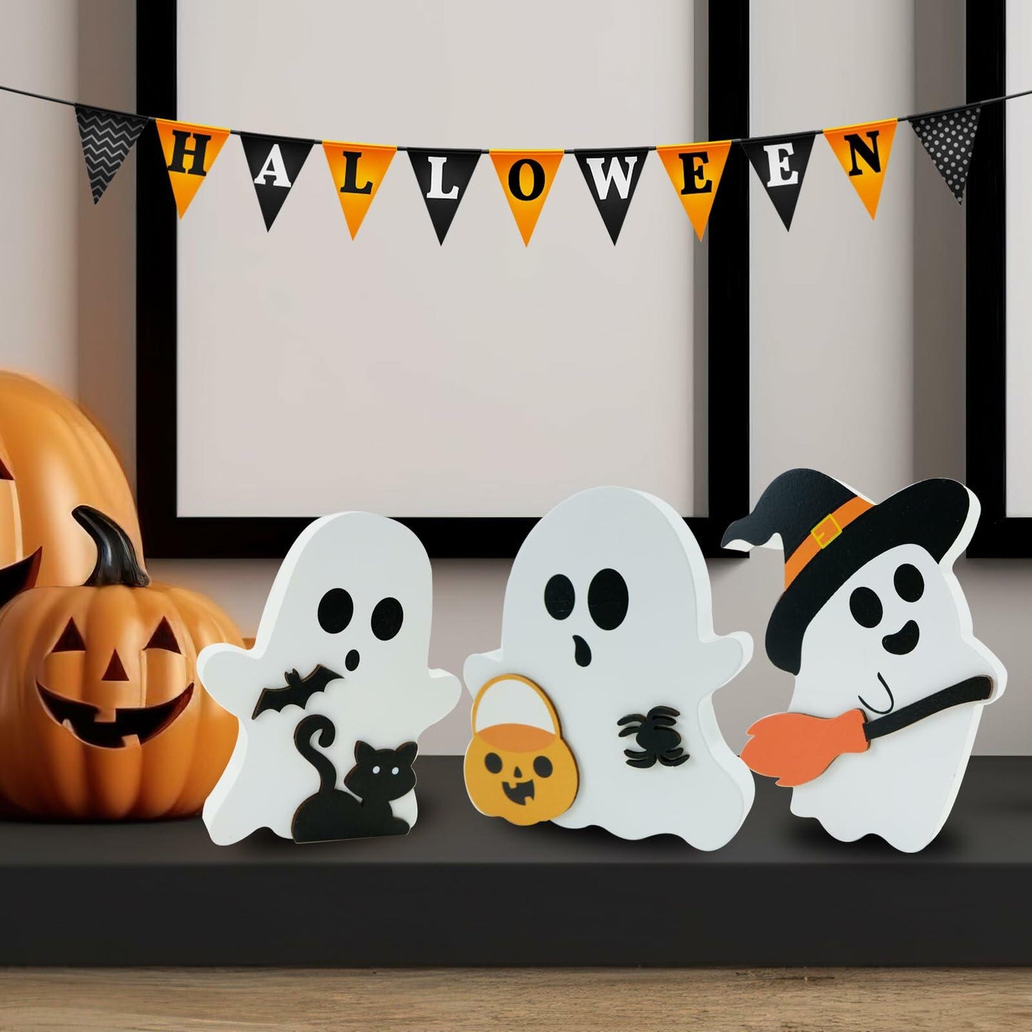 MYUPDALIN Halloween Indoor Decor 3PCS Wooden Ghost Cat Bat Witch Black