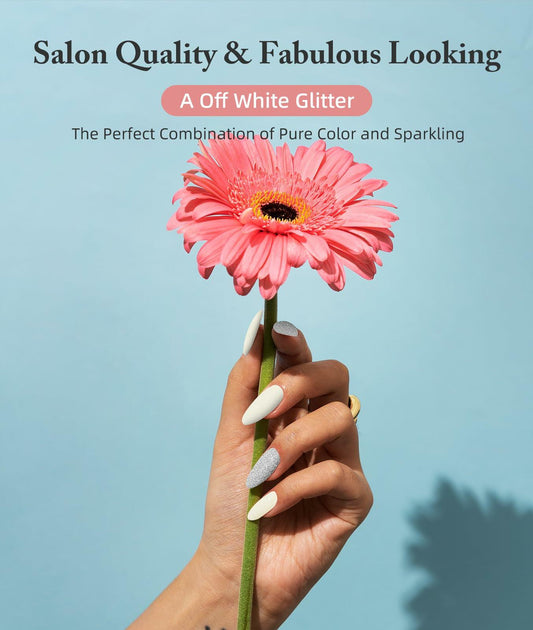 DUKASOU Semi Cured Gel Nail Strips 28 pcs Creamy White Glitter UV Light