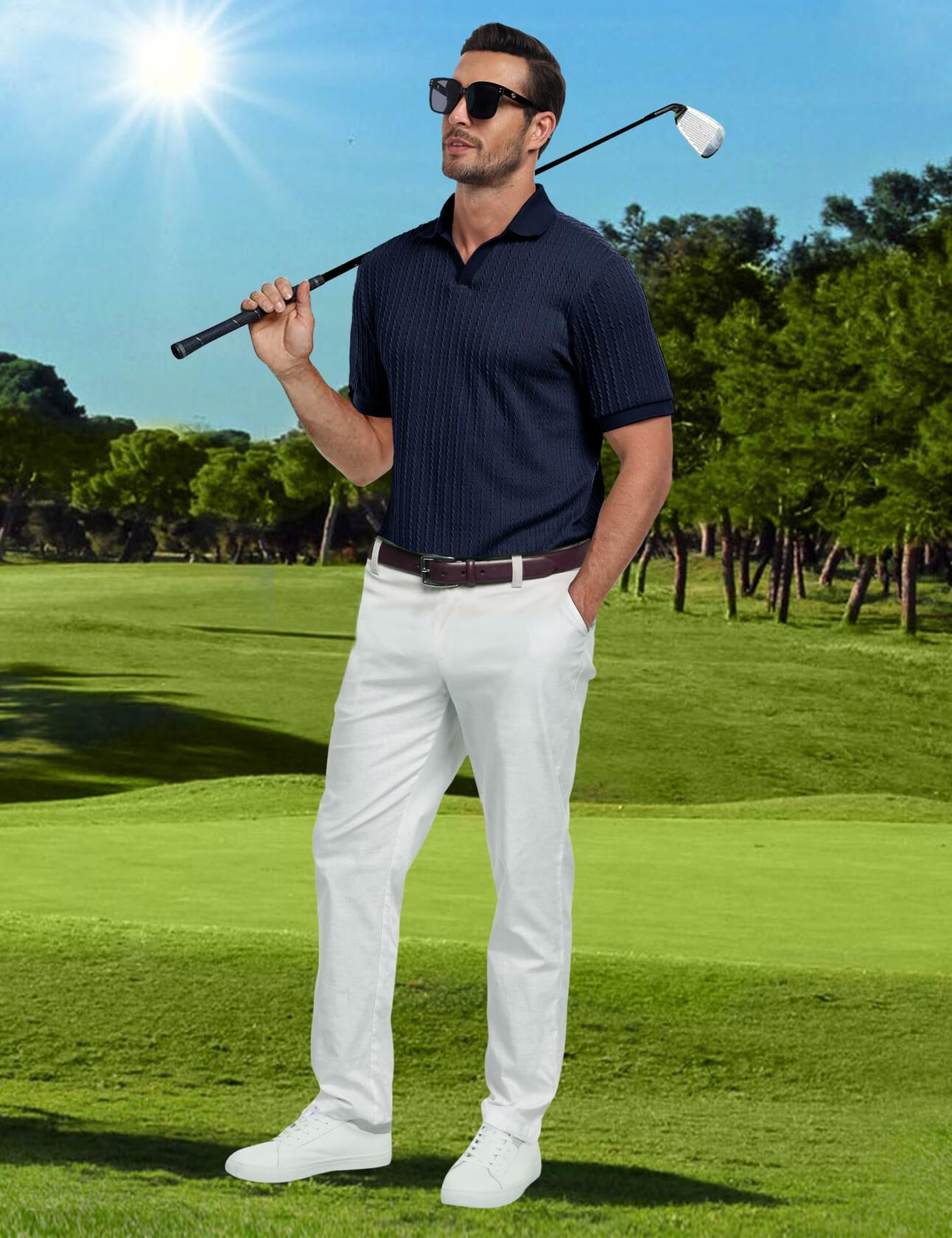 Knit Polo Shirt Men V Neck Buttonless Short Sleeve Navy Size M