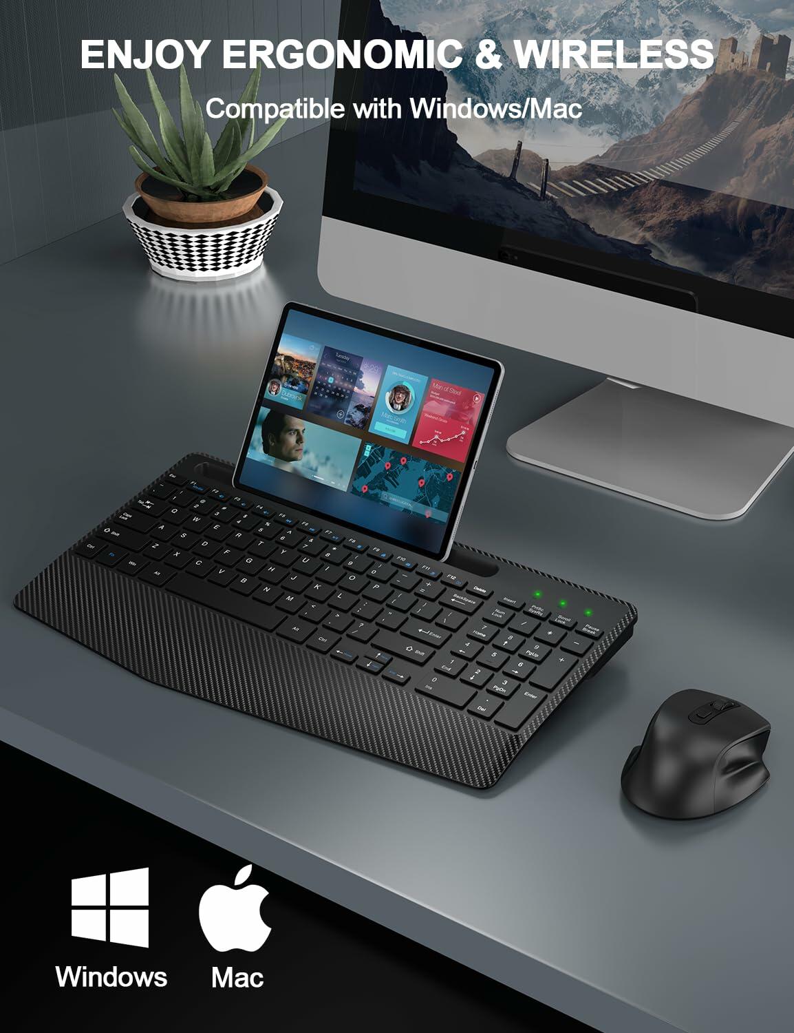 Wireless Keyboard Mouse Combo Ergonomic Wrist Rest Phone Holder White