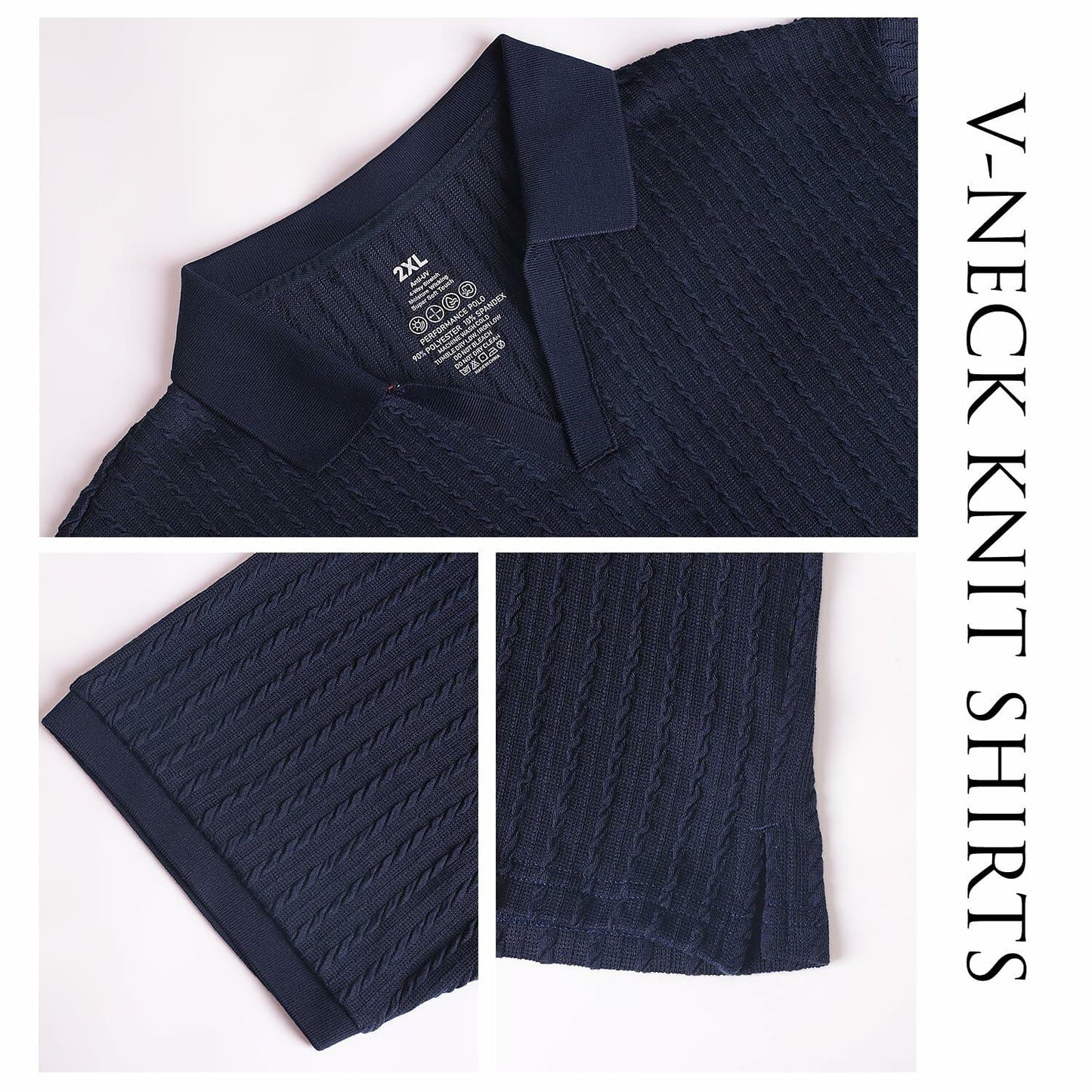 Knit Polo Shirt Men V Neck Buttonless Short Sleeve Navy Size M