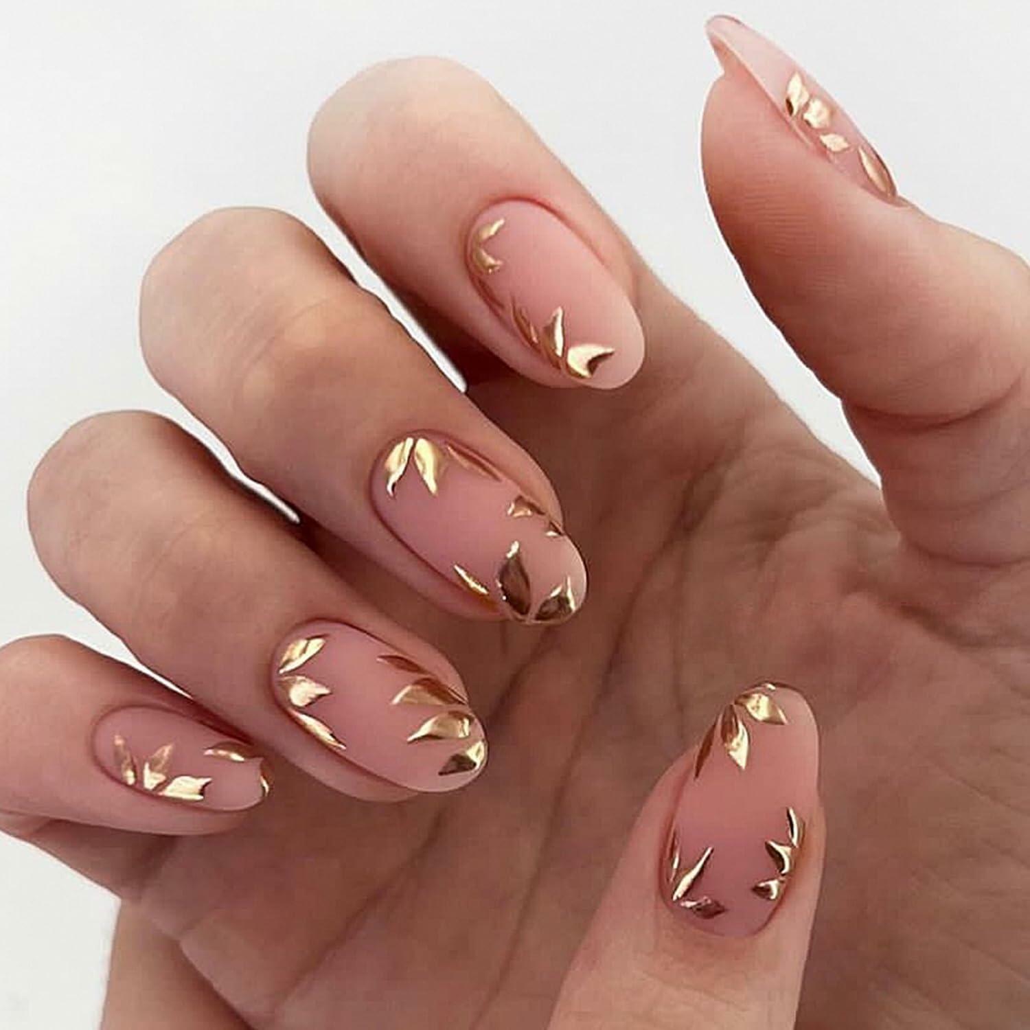 GRITOSE 24 Pcs Fall Maple Leaves Almond Medium Pink Matte Press On Nails
