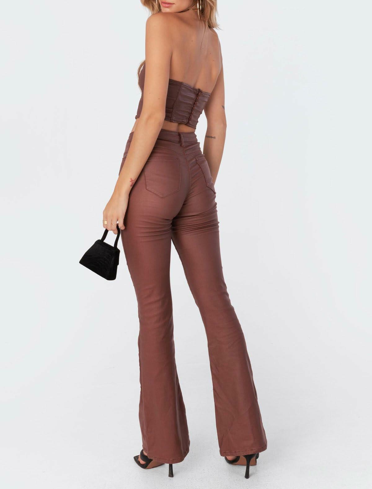 Kodaruber Women Faux Leather High Waisted Flare Pants Light Brown Size M