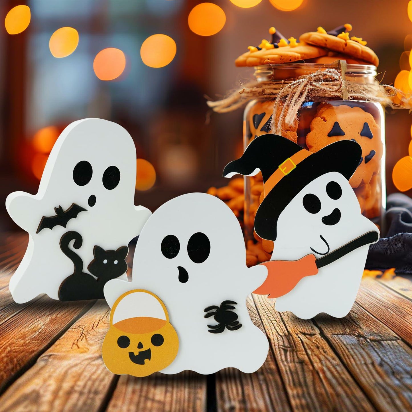 MYUPDALIN Halloween Indoor Decor 3PCS Wooden Ghost Cat Bat Witch Black