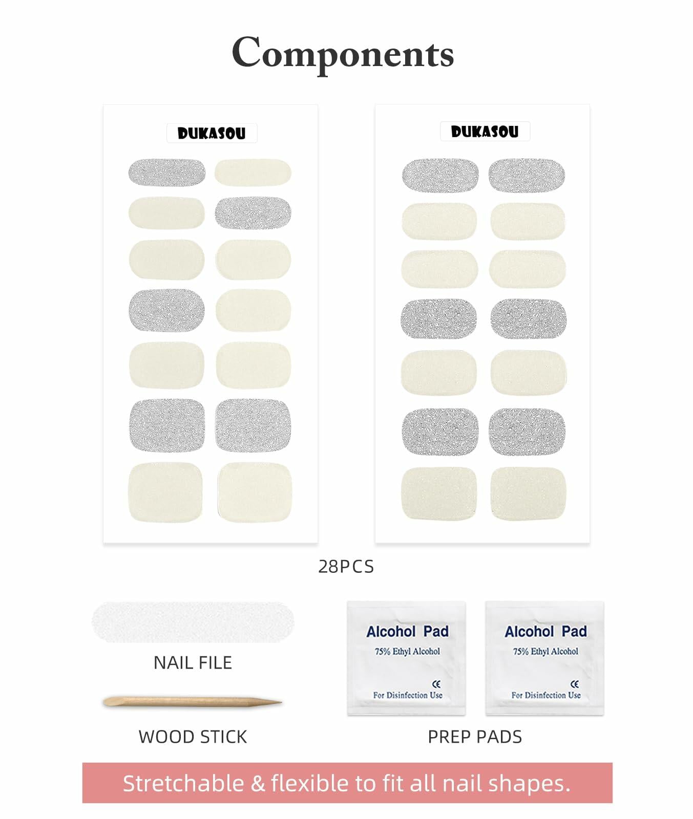 DUKASOU Semi Cured Gel Nail Strips 28 pcs Creamy White Glitter UV Light