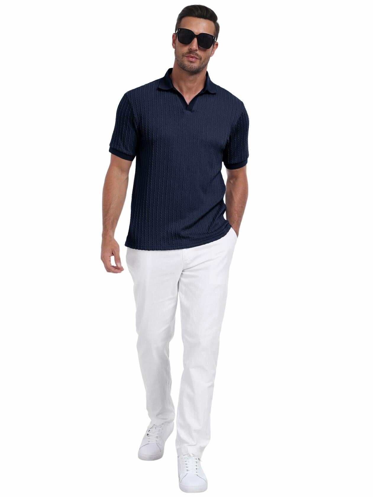 Knit Polo Shirt Men V Neck Buttonless Short Sleeve Navy Size M