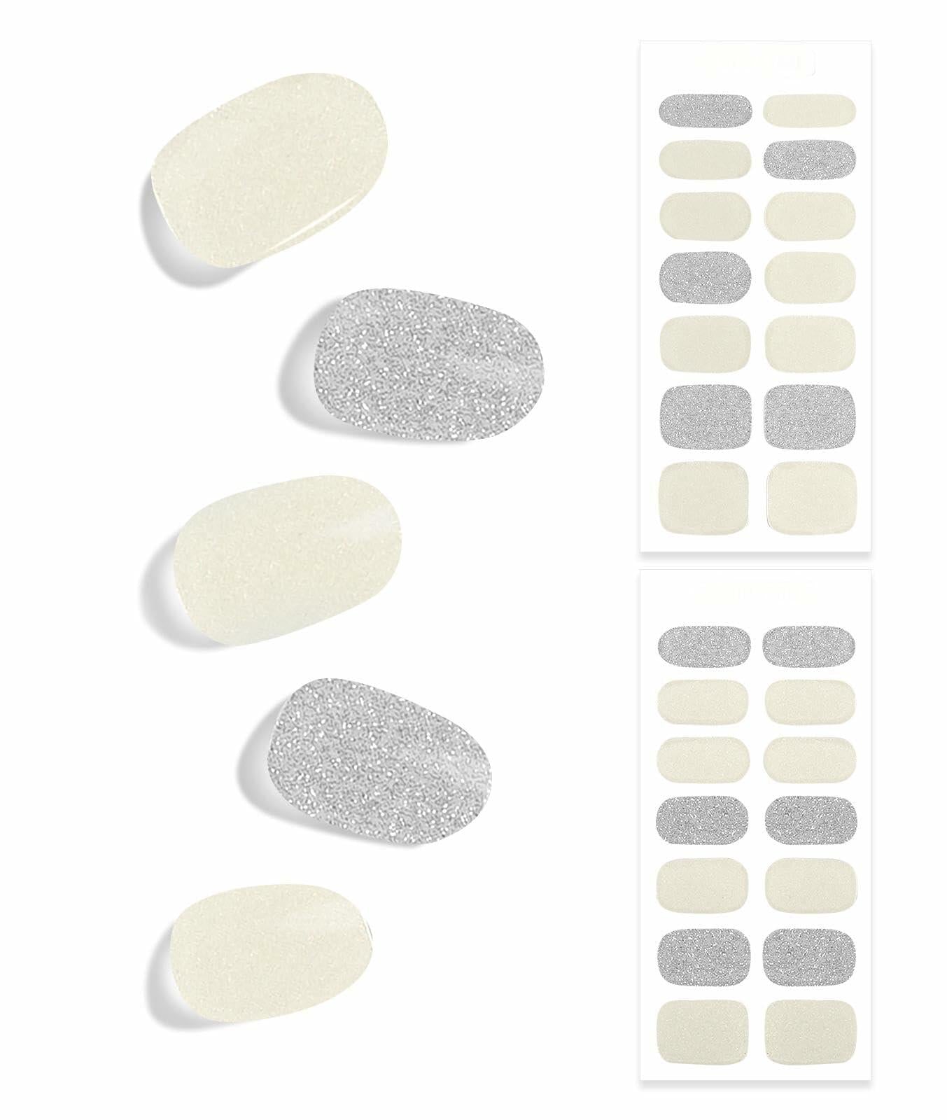 DUKASOU Semi Cured Gel Nail Strips 28 pcs Creamy White Glitter UV Light