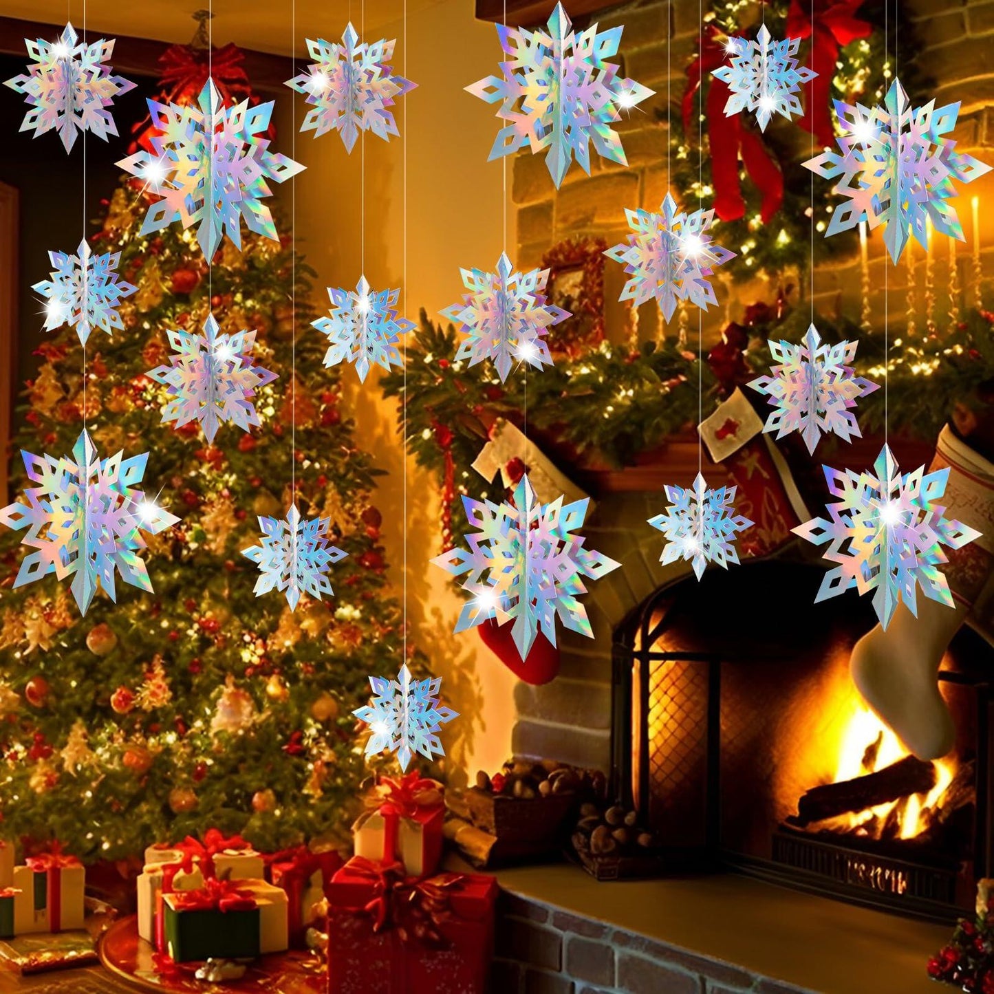 Geegoods 18PCS 3D Holographic Iridescent Snowflake Garland Christmas Decor