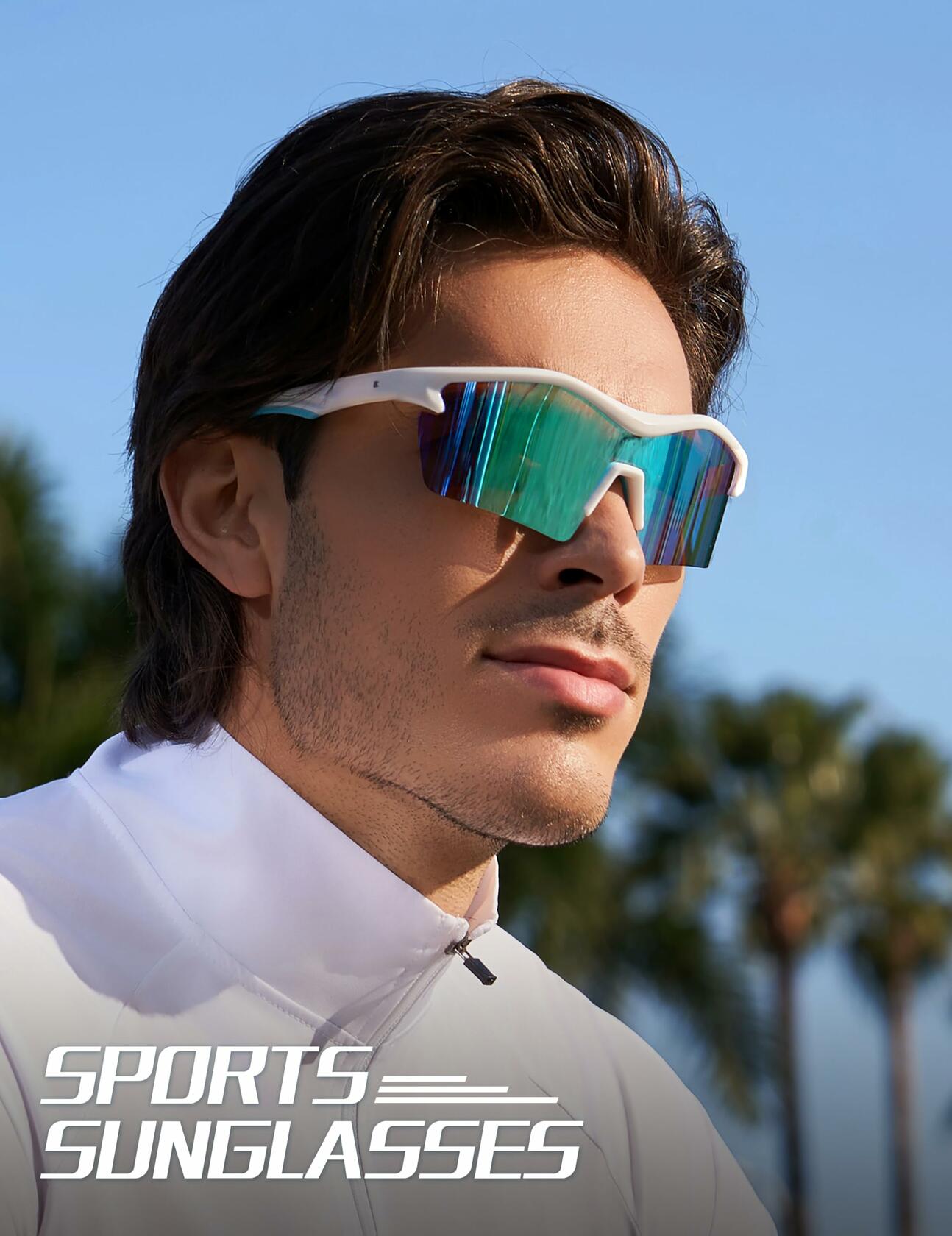 BIRCEN Baseball Cycling Sunglasses Men Women MTB Sports Blue Lens White Frame